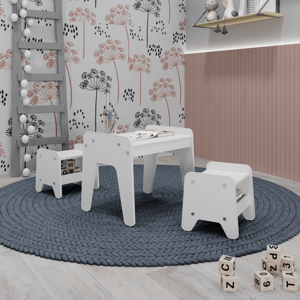 Conjunto Infantil 3 Pecas 1 Mesa Com 2 Banquinhos Branco