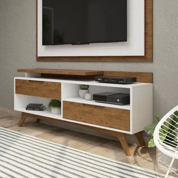 Rack para TV até 55 Polegadas MDF 150cm Pés em Madeira Maciça 2 Gavetas Club Branco/Garapa Branco/Garapa