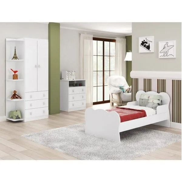 Quarto Infantil Guarda Roupa 2 Portas 3 Gavetas Cômoda 3 Gavetas 1 Nicho Mini Cama Branco