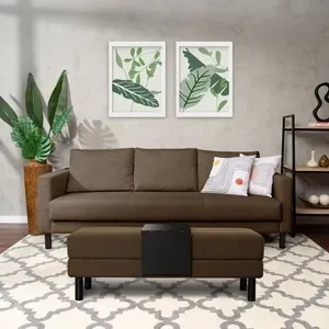 Conjunto Sofá 3 Lugares com Puff Baú 120cm e Bandeja Antúrio CabeCasa MadeiraOriginals Marrom Marrom