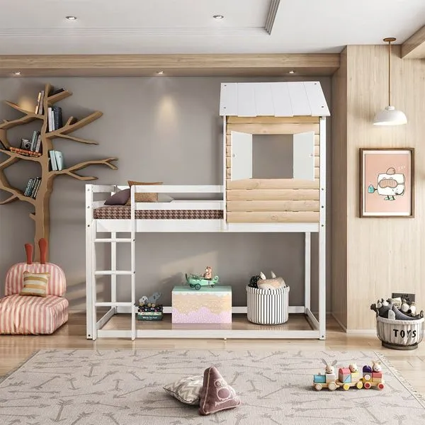 Cama Alta Infantil Club House Wood Casatema Branco/Natural