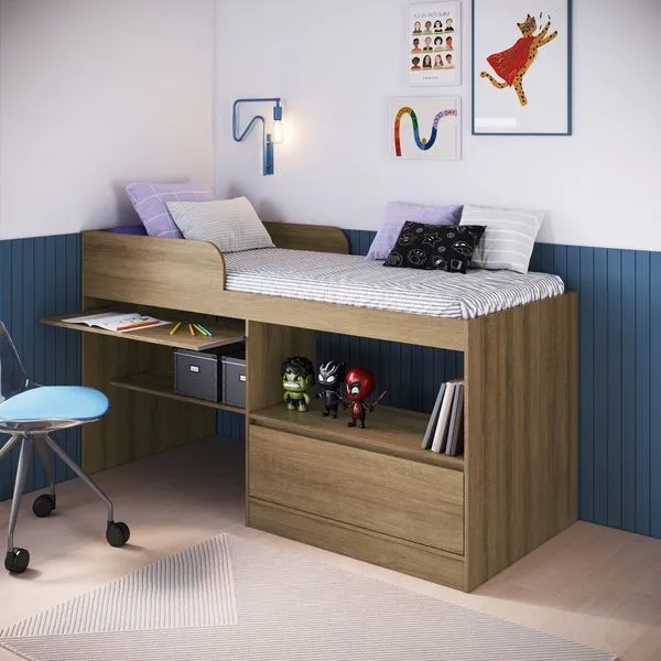 Cama Alta Multifuncional Solteiro Infantil/Juvenil com Estação De Trabalho 80 Jacarta Mel