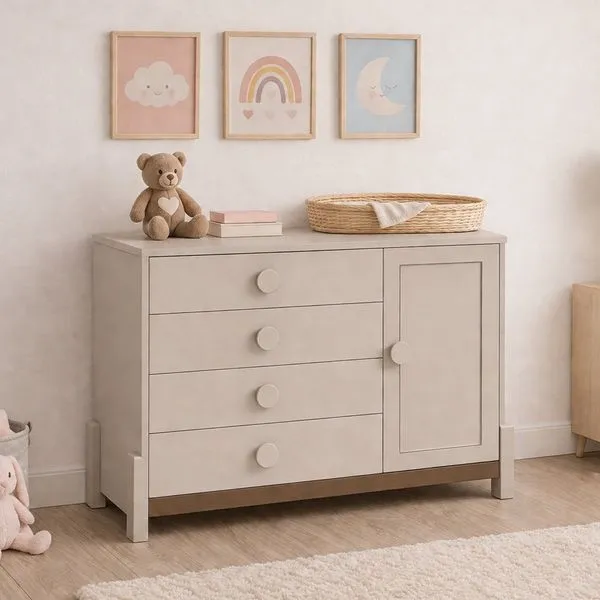 Cômoda Infantil 4 Gavetas com Porta e Cabideiro Luna AREIA / CAPUCCINO