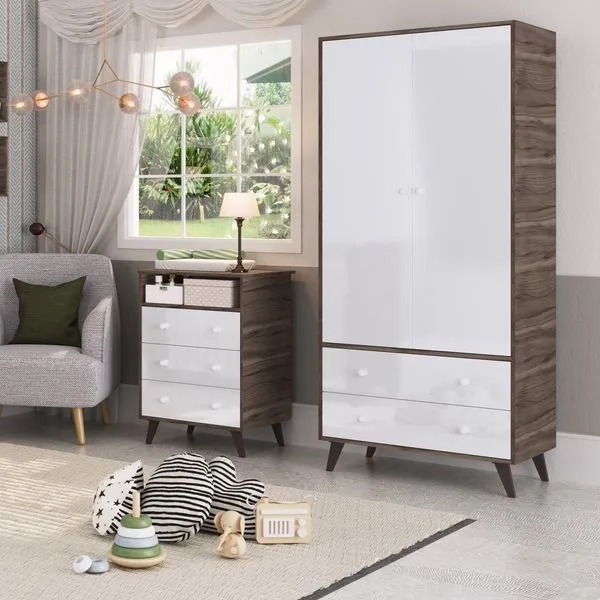 Quarto De Bebê Completo Guarda Roupa 2 Portas 2 Gavetas Com Cômoda 3 Gavetas 1 Nicho Nuvem Carvalho/Branco
