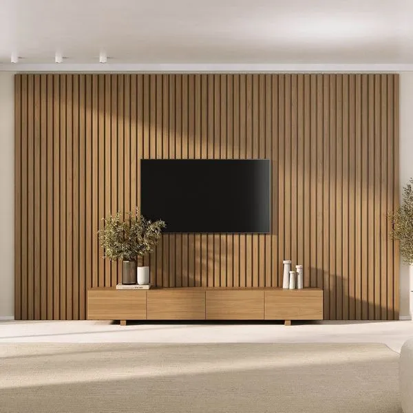 Rack com Painel Ripado para TV até 86 Polegadas 360cmx250cm Liso Aruá CabeCasa MadeiraOriginals Marrom Jatobá Jatoba