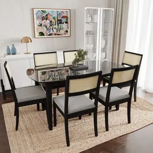 Conjunto Mesa de Jantar Tampo Vidro e MDF 1,60m e 6 Cadeiras Tiê CabeCasa MadeiraOriginals Preto/Cinza