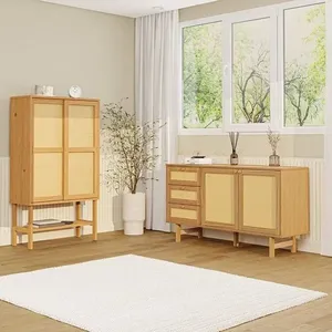 Kit Buffet 2 Portas 3 Gavetas Rattan e Cristaleira Porta Rattan Magna CabeCasa MadeiraOriginals Mel