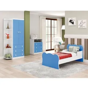 Quarto Infantil Guarda Roupa 2 Portas 3 Gavetas Cômoda 3 Gavetas 1 Nicho Mini Cama Azul/Branco