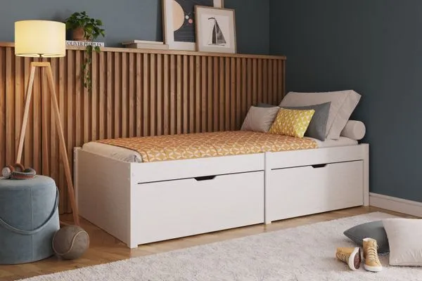 Cama Solteiro 2 Gavetas Madeira Maciça Beauty Branco Lavado