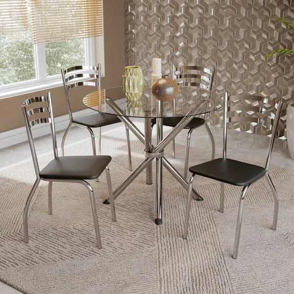 Conjunto Sala de Jantar 1 Mesa Tampo Vidro Redondo 4 Cadeiras Portugal Cromado