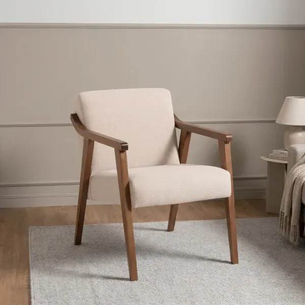 Poltrona Decorativa Madeira Maciça e Algodão Bege Volttoni 62cm Nogueira Acetinado/Algodão Bege Mescla