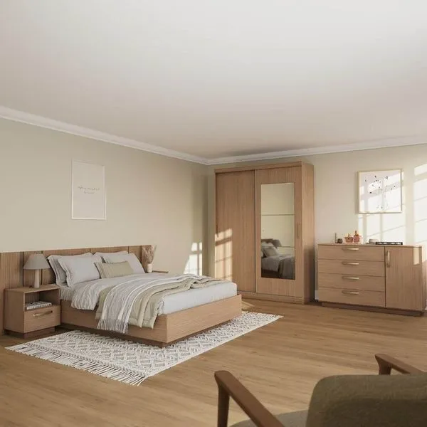 Kit Guarda Roupas 2 Portas, Cama Casal e Complementos de Quarto Araçá CabeCasa MadeiraOriginals Nogueira