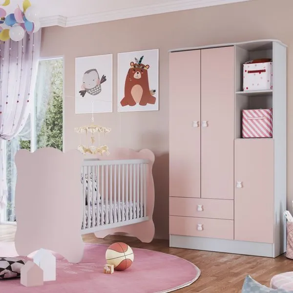 Quarto De Bebê Completo Berço Com Guarda Roupa 3 Portas 2 Gavetas 2 Nichos Algodao Doce Branco/Rosa