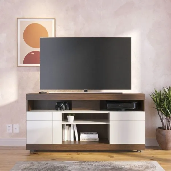 Rack para TV até 50 Polegadas 136cm 2 Portas 4 Nichos Yara Marrom Nogueira Real/Off White Nogueira Real/Off White