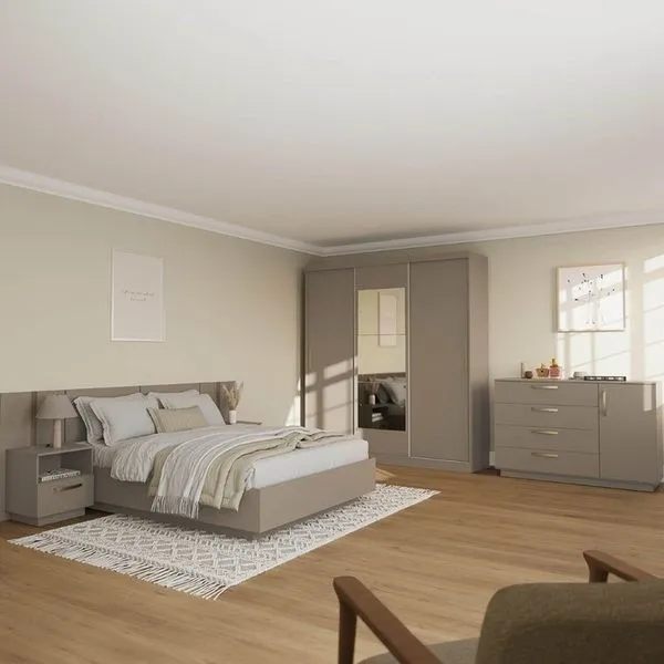 Kit Guarda Roupas 3 Portas, Cama Casal e Complementos de Quarto Araçá CabeCasa MadeiraOriginals Fendi