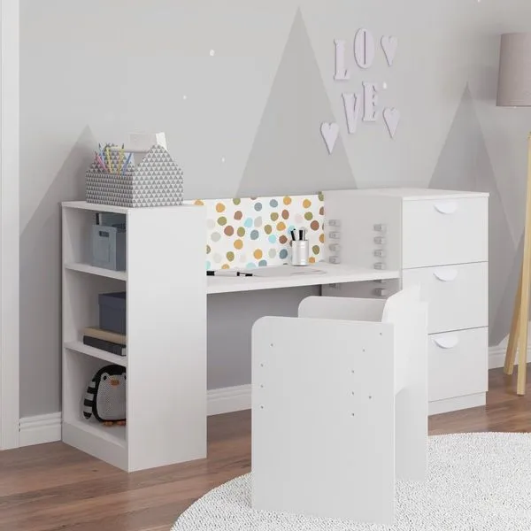 Conjunto Infantil com 1 Mesa 3 Gavetas 3 Nichos 1 Cadeira Regulável Be Imobiliário Branco TX
