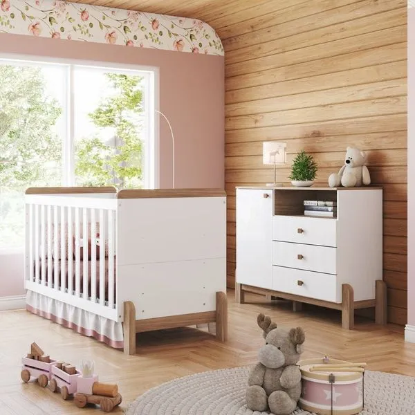 Conjunto Quarto de Bebê Berço 2 em 1 e Cômoda Yuri Branco/Jequitibá HP