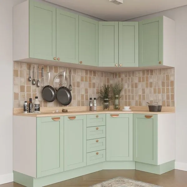 Cozinha Modulada 6 Peças com Tampo 3 Aéreos 6 Portas e 3 Balcões Arizona CabeCasa MadeiraOriginals Branco/Menta