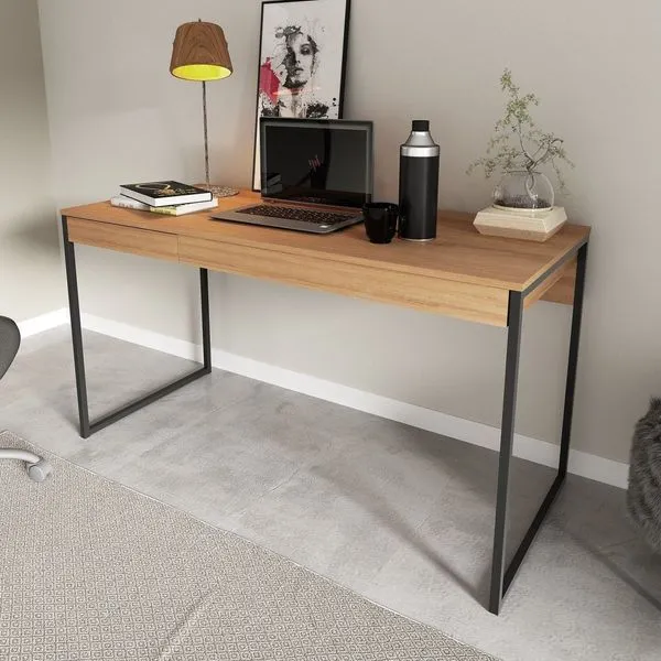 Escrivaninha Mesa Escritório 136cm Amendoa E Preto Amêndoa/Preto