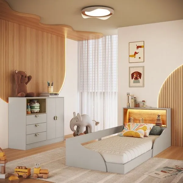 Quarto Infantil com Cama Solteiro Montessoriana com Iluminação Led e Comoda Lille Arenas