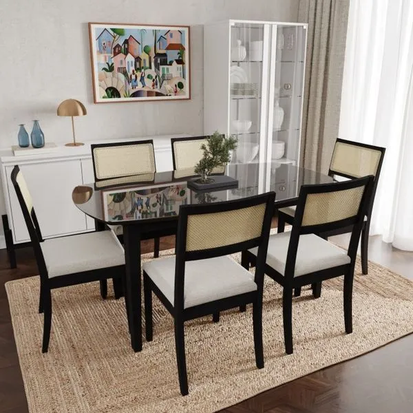 Conjunto Mesa de Jantar Tampo Vidro e MDF 1,60m e 6 Cadeiras Tiê CabeCasa MadeiraOriginals Preto/Bege Claro