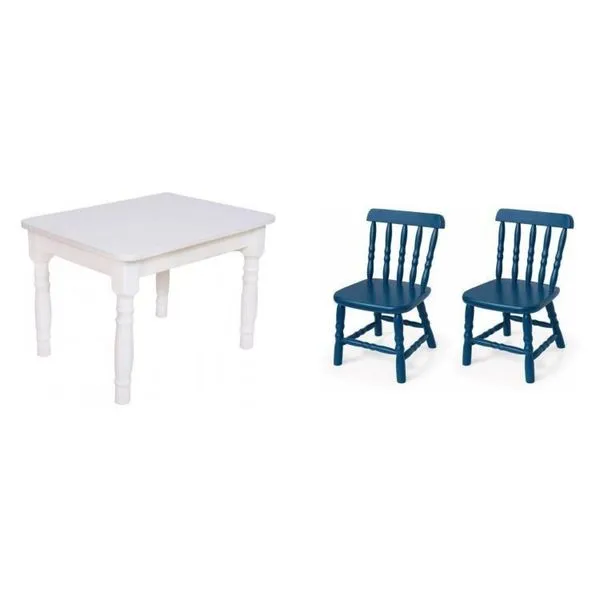 Conjunto Infantil Mesa 68x52cm com 2 Cadeiras Madeira Maciça Branco/Azul