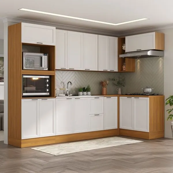 Cozinha Compacta Modulada 7 Peças 3 Aéreos 3 Balcões 1 Paneleiro Torre Quente Soho CabeCasa MadeiraOriginals Freijó/Branco
