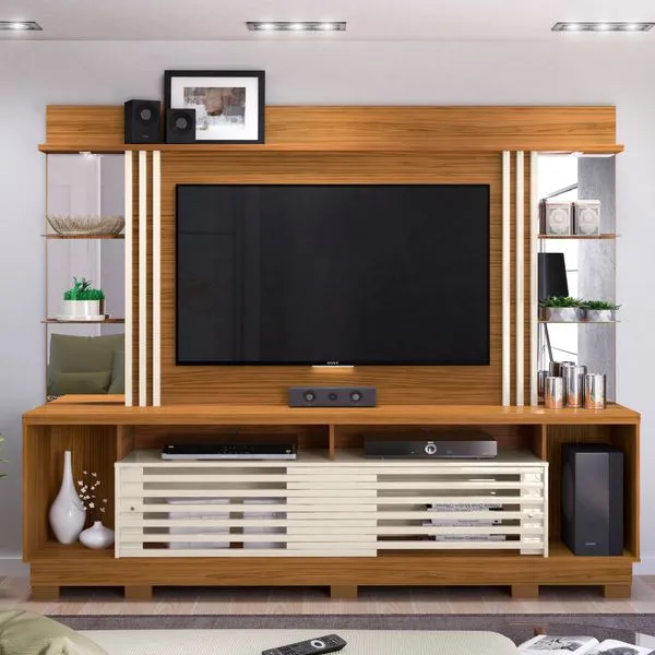 Rack com Painel Frizz Gold p/TV de até 55"e Pés - Off White/Natural