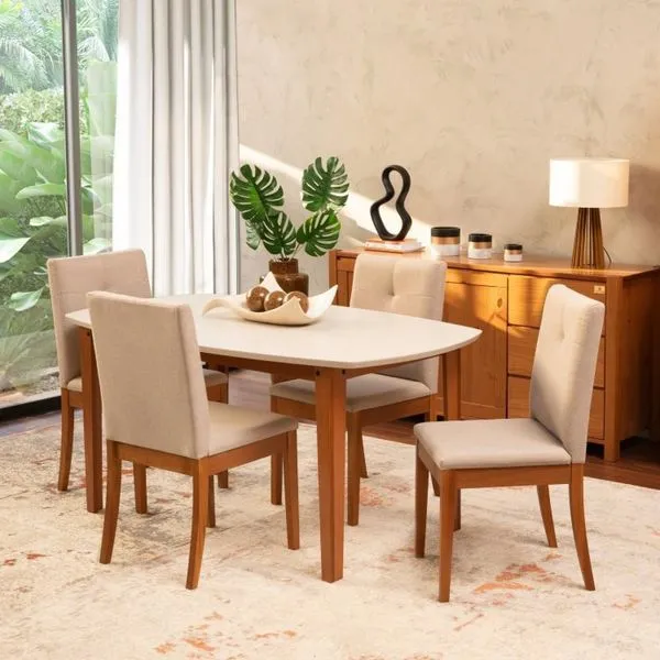Conjunto Mesa de Jantar e 4 Cadeiras Tiê Maxx CabeCasa MadeiraOriginals Bege/Amêndoa/Off White