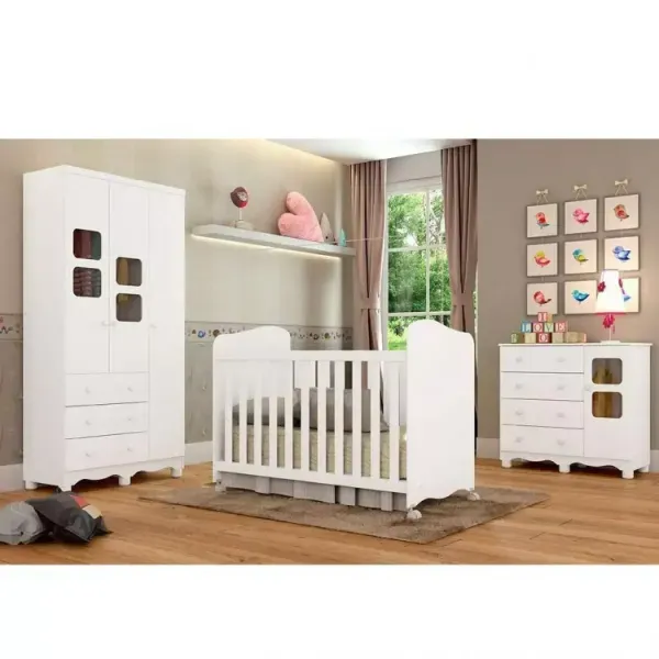 Quarto de Bebê Completo com Guarda Roupa Cômoda com Janela e Berço 100% MDF Uli Branco Brilho