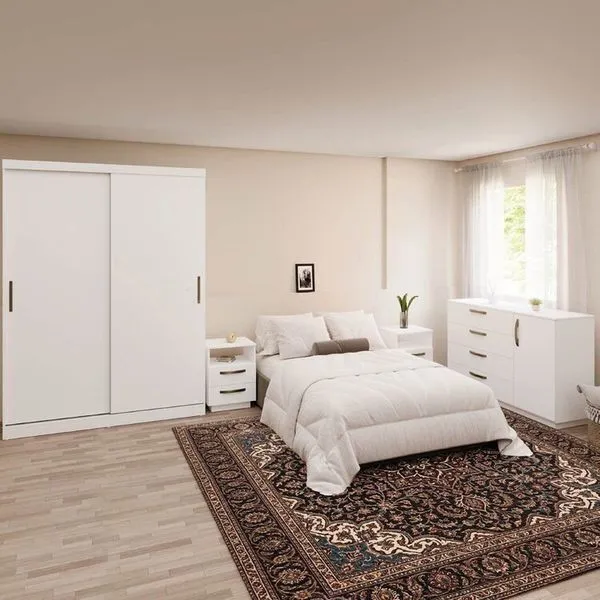 Kit Guarda Roupas 2 Portas, Cômoda e Mesa de Cabeceira Araçá CabeCasa MadeiraOriginals Branco