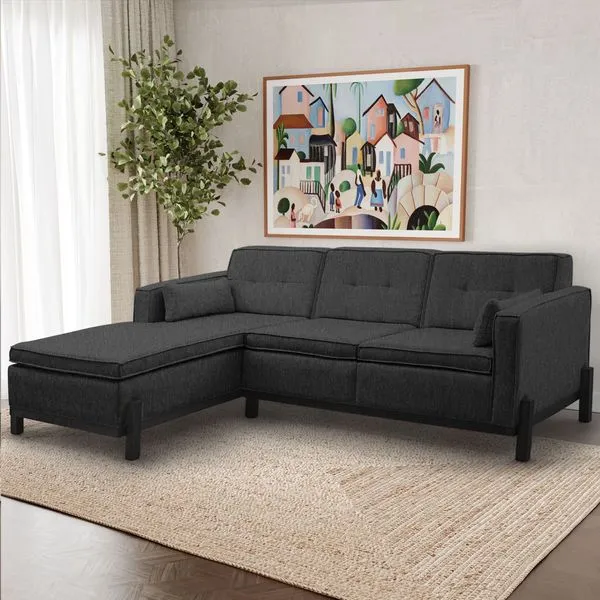 Sofá 3 Lugares com Chaise Lado Direito 212cm em Linho Tiê CabeCasa MadeiraOriginals Cinza Grafite Grafite