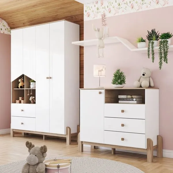 Conjunto Quarto de Bebê Guarda-Roupa e Cômoda Yuri Branco/Jequitibá HP