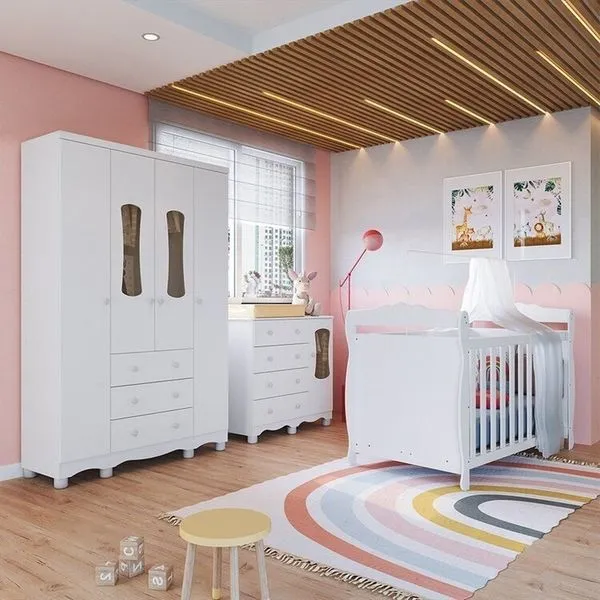 Quarto de Bebê Completo Berço 3 em 1, Guarda-roupa 4 Portas e Cômoda 100% MDF Aurora Espresso Móveis Branco Brilho