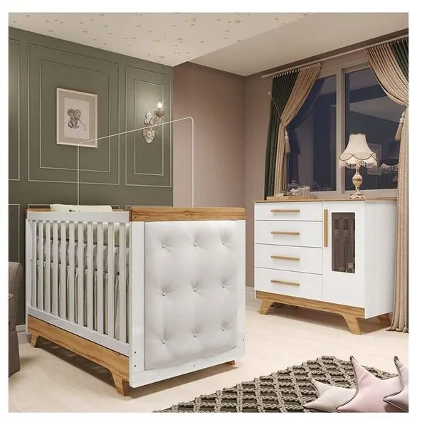 Quarto de Bebê Berço com Capitonê e Cômoda com Janelas 100% Mdf Retrô Kakau Espresso Móveis Branco Brilho/Amêndoa/Branco