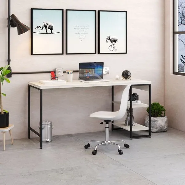 Escrivaninha Mesa Escritório com Estante Baixa Estilo Active 2 Prateleiras 150cm Industrial Yescasa Snow Snow