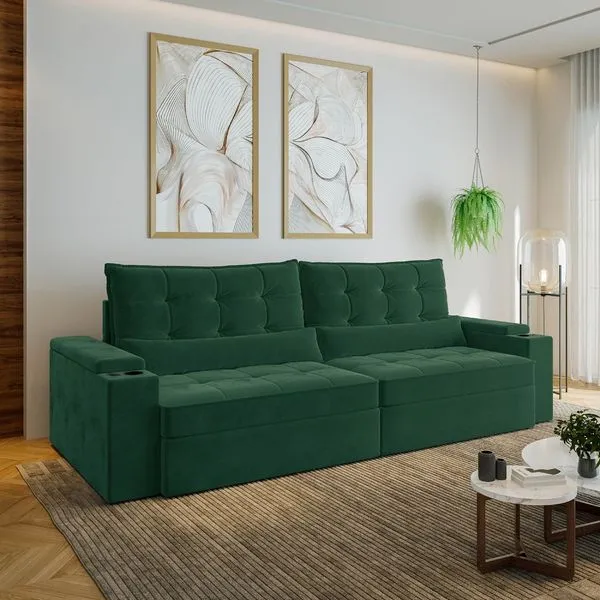 Sofá Retrátil Reclinável 4 Lugares 290cm Porta Copos e USB Embaúba Extra CabeCasa MadeiraOriginals Verde Diamante Verde Diamante