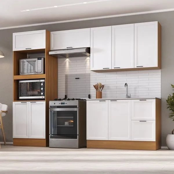 Cozinha Compacta Modulada 4 Peças 2 Aéreos 1 Balcão 1 Paneleiro Torre Quente Soho CabeCasa MadeiraOriginals Freijó/Branco