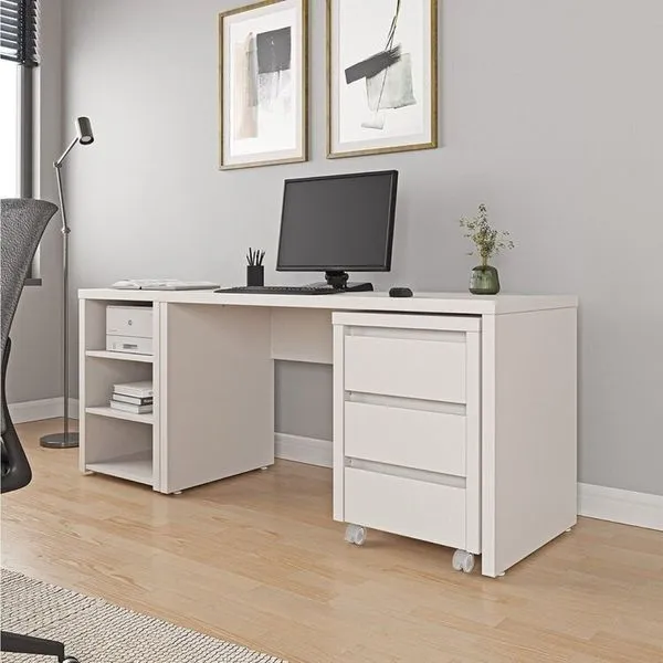 Escrivaninha Mesa Escritório com Gaveteiro com Rodízio e Prateleiras Ficus 135cm CabeCasa MadeiraOriginals Branco Branco