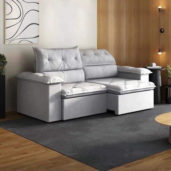 Sofá Retrátil e Reclinável 3 Lugares Veludo Prata Cupuaçu 240cm CabeCasa MadeiraOriginals Prata