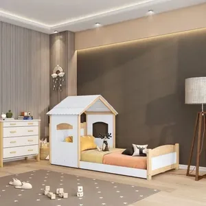 Cama Montessoriana Solteiro e Telhado Casinha Casatema Branco/Natural