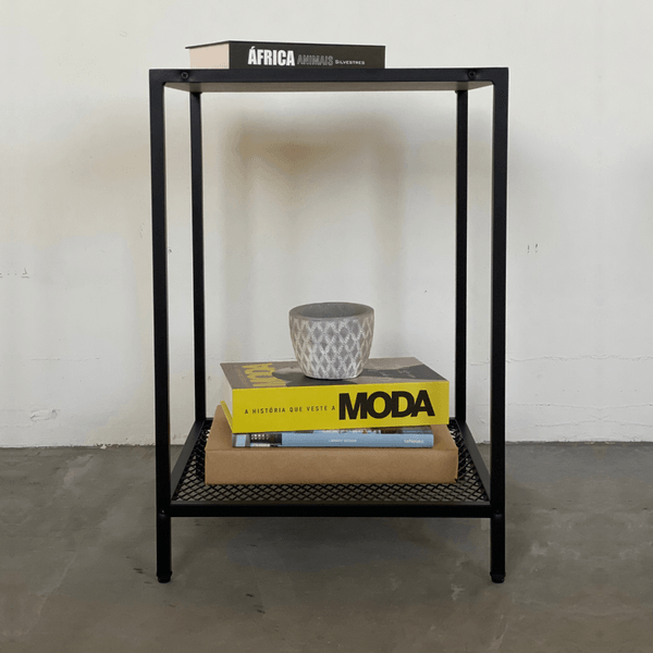 Mesa Lateral Auxiliar Industrial Retrô Quadrada 1 Prateleira Madeira/Aço York Marrom Vermont/Preto Vermont/Preto