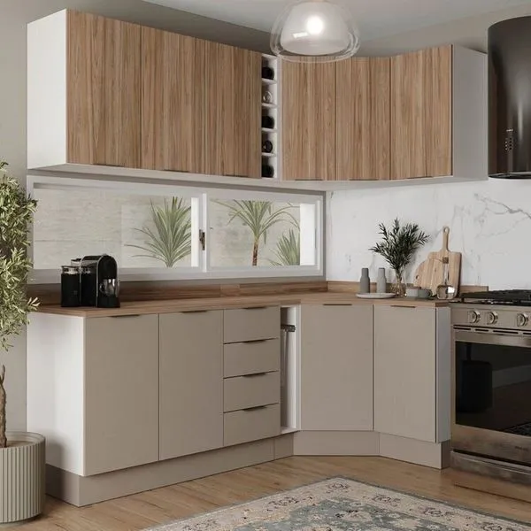 Cozinha Modulada 8 Peças com Tampo com Rodapé 4 Aéreos e 4 Balcões Ipanema CabeCasa MadeiraOriginals Fendi Trama/ Acácia