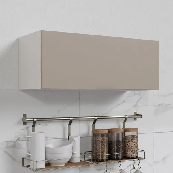 Armário Aéreo Porta Basculante 90cm Puxador 150cm Ipanema CabeCasa MadeiraOriginals Fendi Trama/Branco