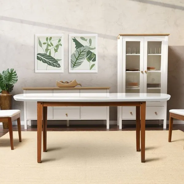 Mesa Oval 6 Lugares 1,6m Tampo Vidro e MDF Tiê CabeCasa MadeiraOriginals Amêndoa/Off White