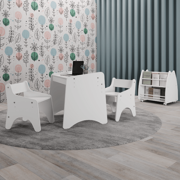 Conjunto Infantil 4 Pecas 1 Mesa 2 Cadeirinhas 1 Biblioteca Porta Livros Branco