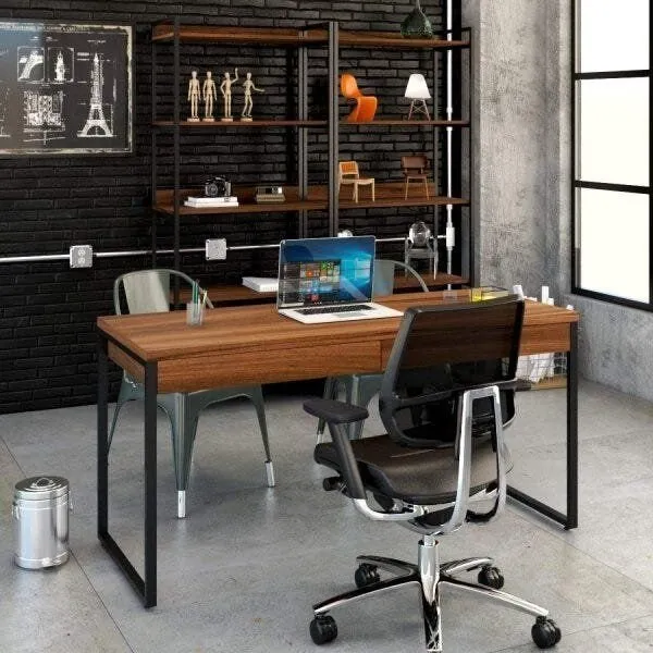 Escrivaninha Mesa Escritório Kuadra 2 Gavetas 150cm Industrial Nogal Nogal