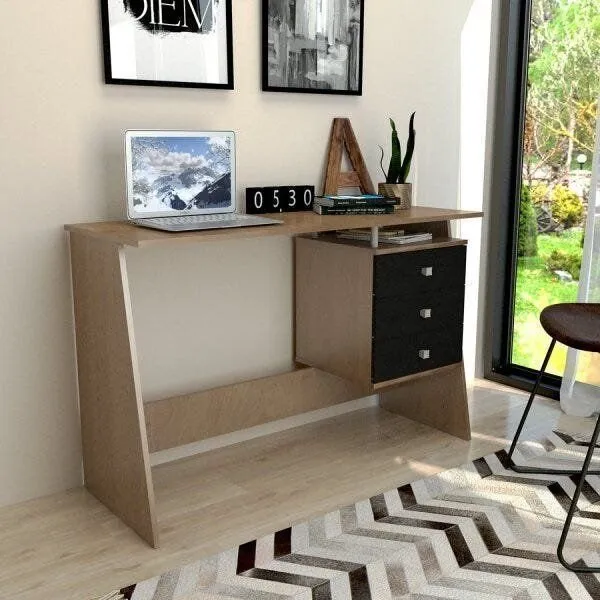 Escrivaninha Mesa Escritório Maceió 3 Gavetas 120cm Mel E Preto Mel/Preto