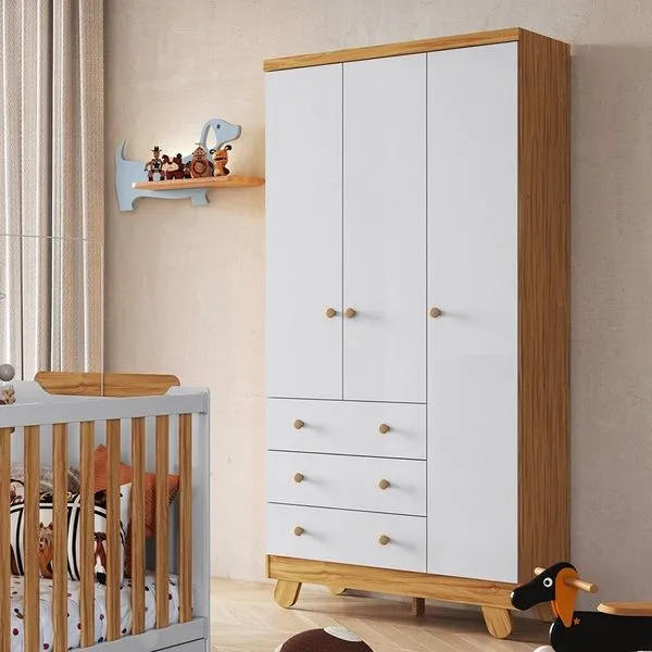 Guarda Roupa Infantil 3 Portas 3 Gavetas 92cm Levy Yescasa Amêndoa/Branco Brilho