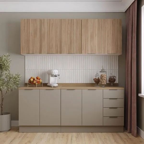 Cozinha Modulada 4 Peças com Tampo e Rodapé 2 Aéreos e 2 Balcões Ipanema CabeCasa MadeiraMadeira Fendi Trama/ Acácia